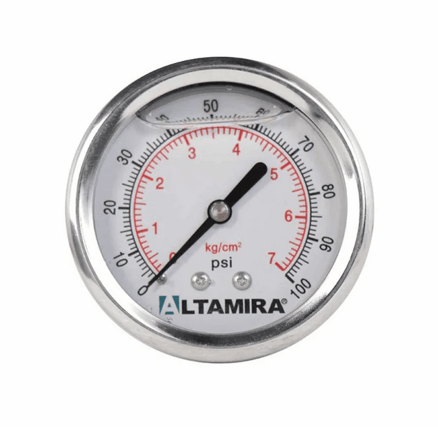 Manómetro Altamira conexión posterior 2.5″ de 0 a 100 psi, 1/4″ con glicerina, caja Inox.